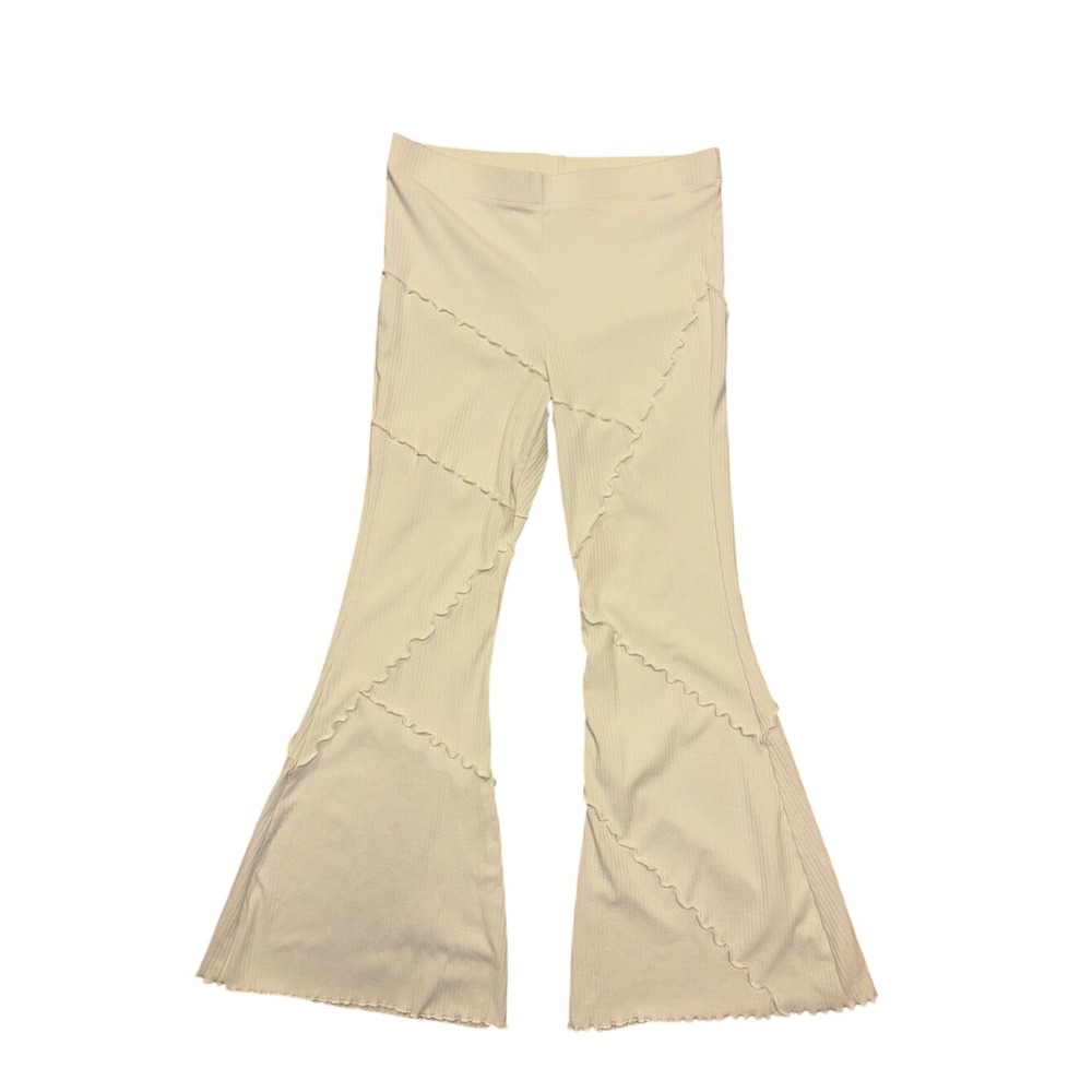 Ribbed Cream Scallop-Panel Flare bellbottom Pants embroidered ruffle hem medium